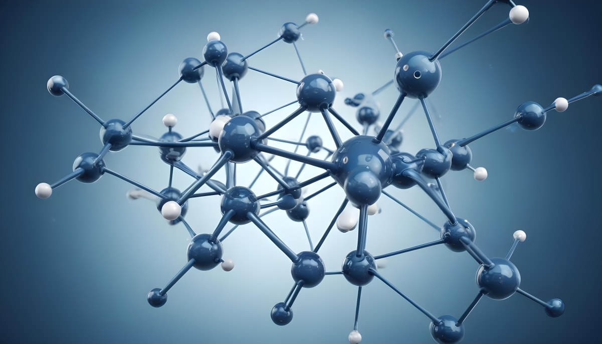 Molecular Structure With Interconnected Spheres And Rods Showcasing A Complex Network Of Atoms In A Scientific Or Technological Context Blue Background 33 1425