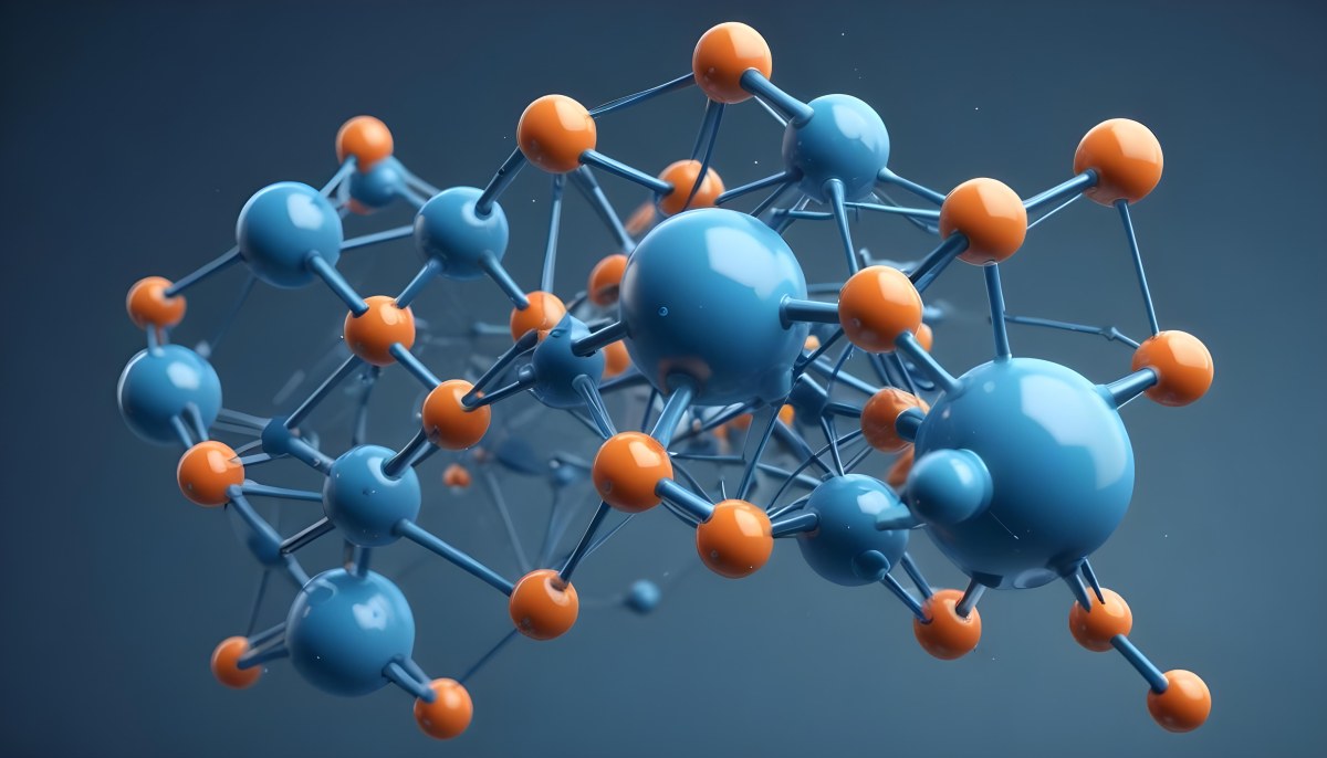 Molecular Structure With Interconnected Spheres And Rods Showcasing A Complex Network Of Atoms In A Scientific Or Technological Context Blue Background 34 131b