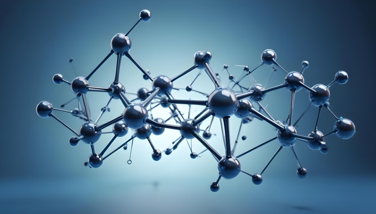 Molecular Structure With Interconnected Spheres And Rods Showcasing A Complex Network Of Atoms In A Scientific Or Technological Context Blue Background 4 86e9