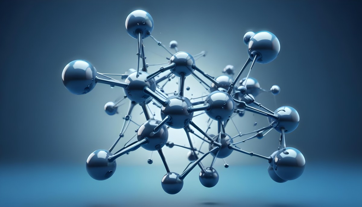 Molecular Structure With Interconnected Spheres And Rods Showcasing A Complex Network Of Atoms In A Scientific Or Technological Context Blue Background 6 2909