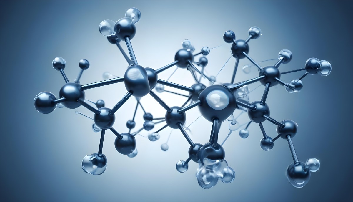 Molecular Structure With Interconnected Spheres And Rods Showcasing A Complex Network Of Atoms In A Scientific Or Technological Context Blue Background 7 2c98