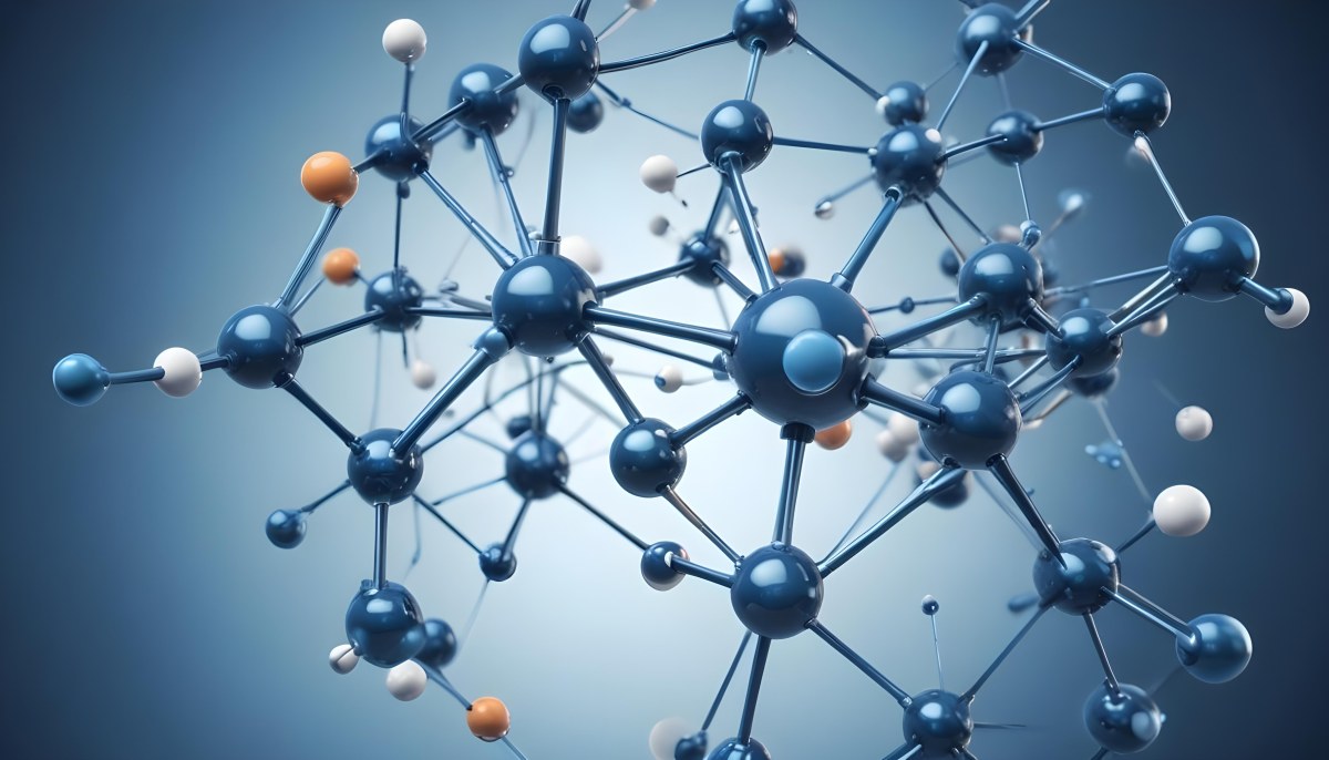 Molecular Structure With Interconnected Spheres And Rods Showcasing A Complex Network Of Atoms In A Scientific Or Technological Context Blue Background 8 2839