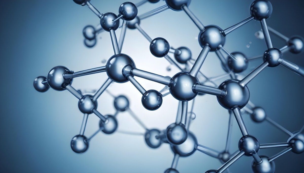 Molecular Structure With Interconnected Spheres And Rods Showcasing A Complex Network Of Atoms In A Scientific Or Technological Context Blue Background 9 D91e