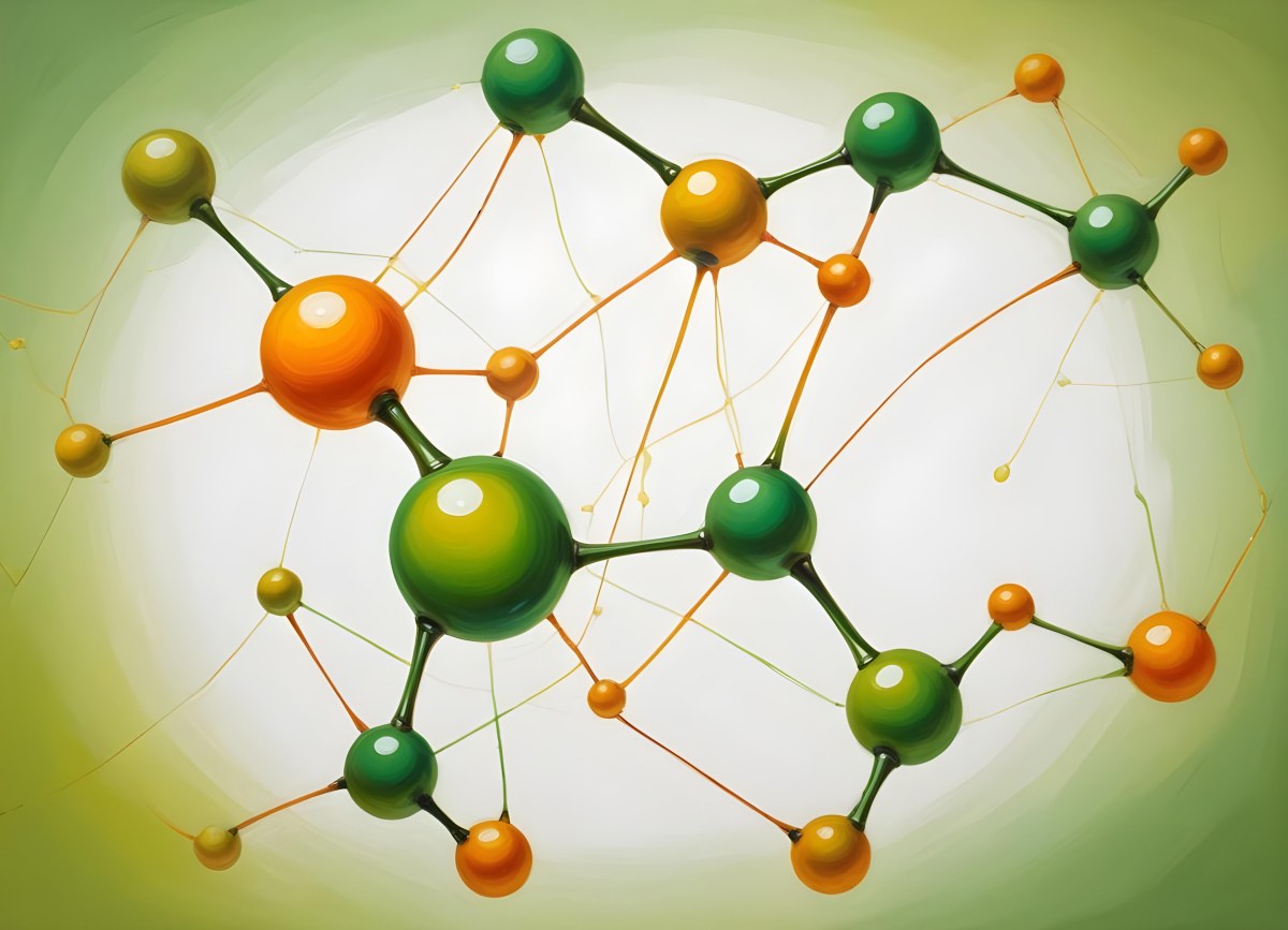 Oil Painting Abstract Molecular Structure With Green And Orange Spheres Connected By Yellow Lines Creating A Network Pattern Against A Bright Background Creative Extremely Detailed Brush Stroke 6 C0f7
