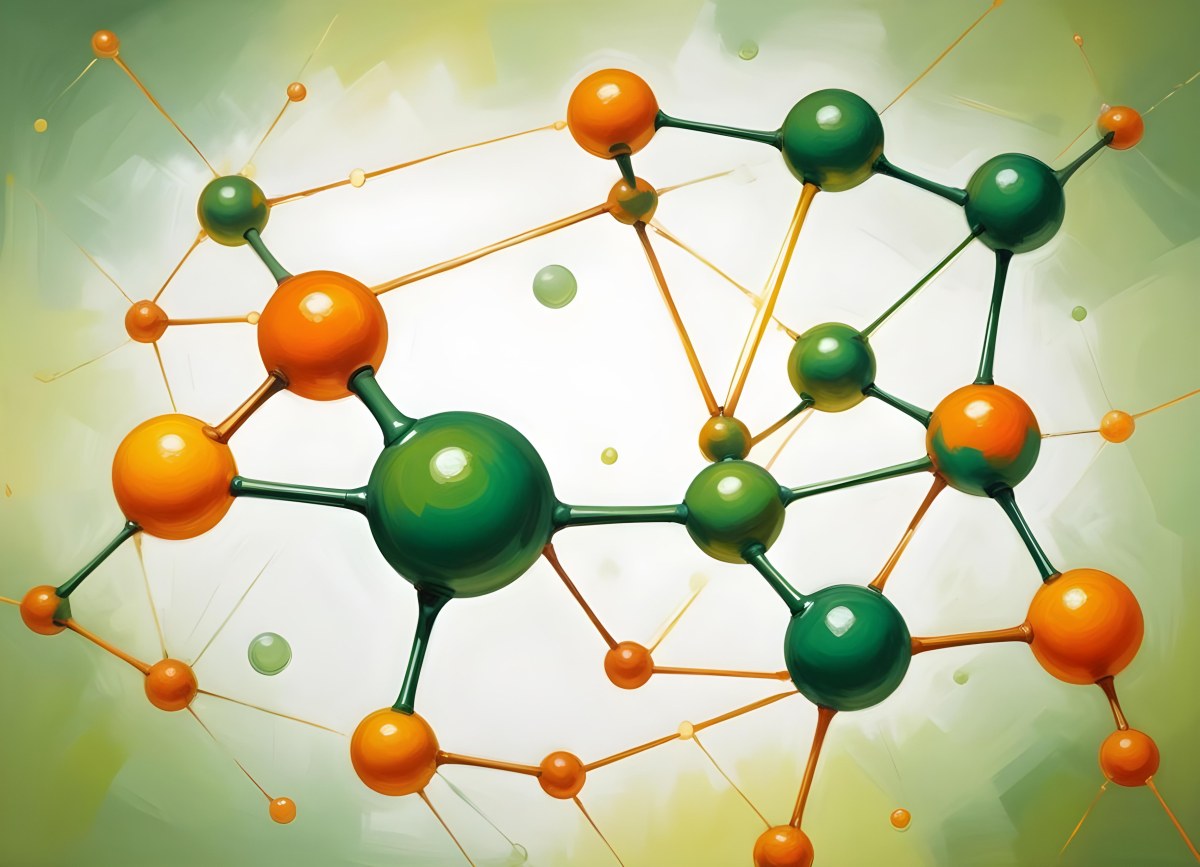 Oil Painting Abstract Molecular Structure With Green And Orange Spheres Connected By Yellow Lines Creating A Network Pattern Against A Bright Background Creative Extremely Detailed Brush Stroke 8 Dfdc
