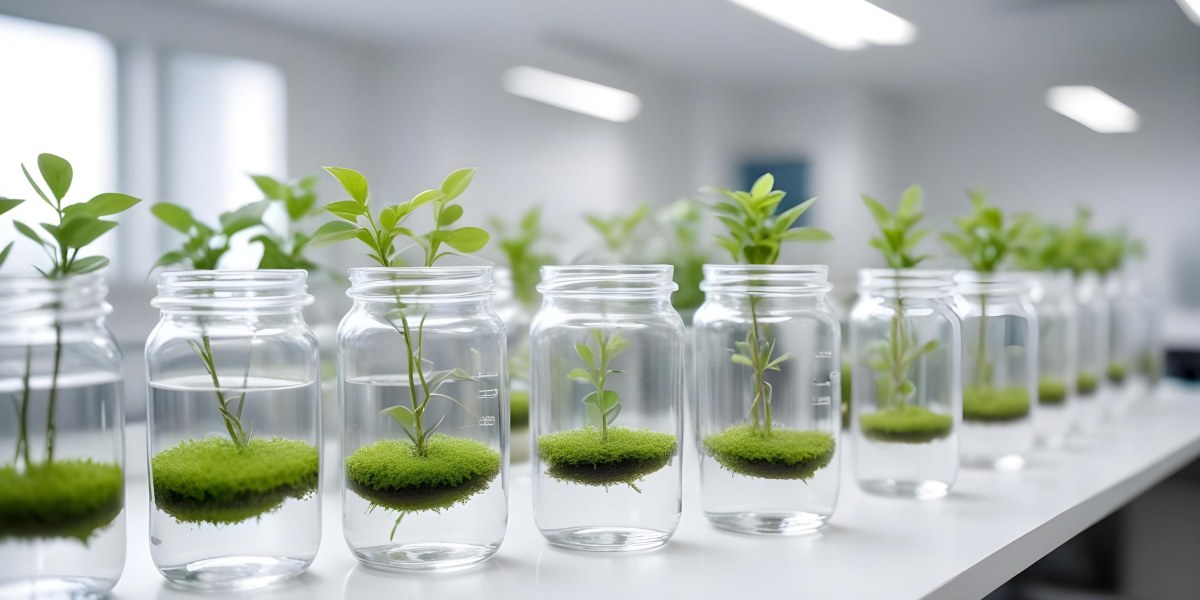 Row Of Glass Jars Filled With Water And Small Green Plants Laboratory Environment With Blurred Equipment In The Background Bright And Clean 13 7b33