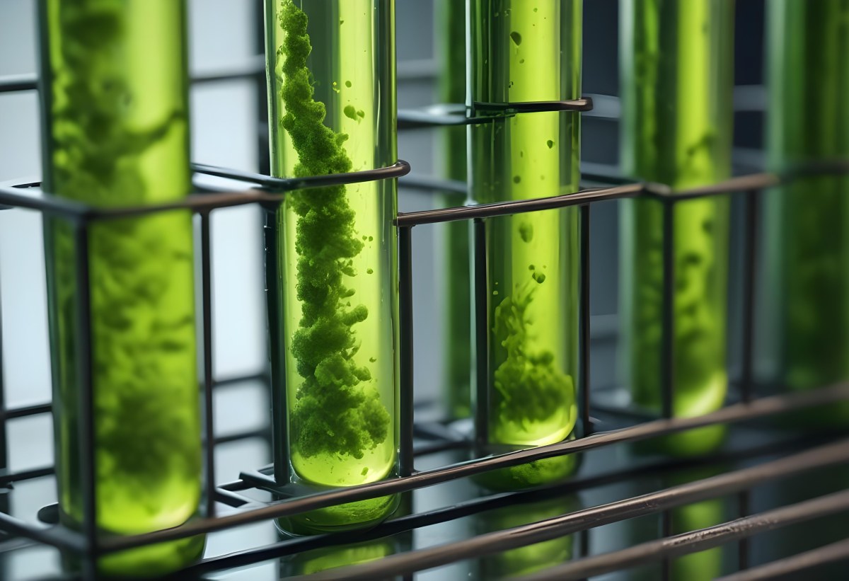 Test Tubes With Green Algae In A Metal Rack The Background Is Blurred And Out Of Focus Laboratory Environment 20 7f39