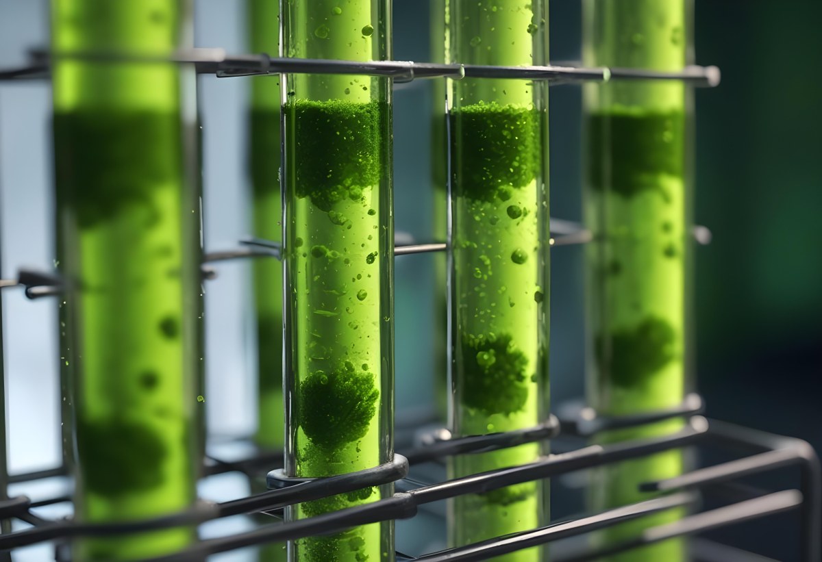 Test Tubes With Green Algae In A Metal Rack The Background Is Blurred And Out Of Focus Laboratory Environment 26 Cc78