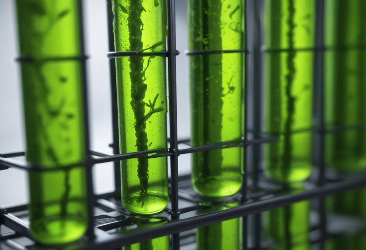 Test Tubes With Green Algae In A Metal Rack The Background Is Blurred And Out Of Focus Laboratory Environment 27 F3ab