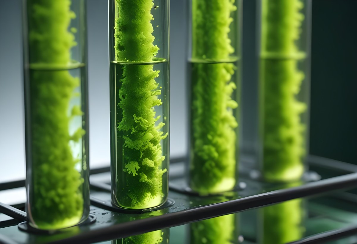 Test Tubes With Green Algae In A Metal Rack The Background Is Blurred And Out Of Focus Laboratory Environment 4 F5ac
