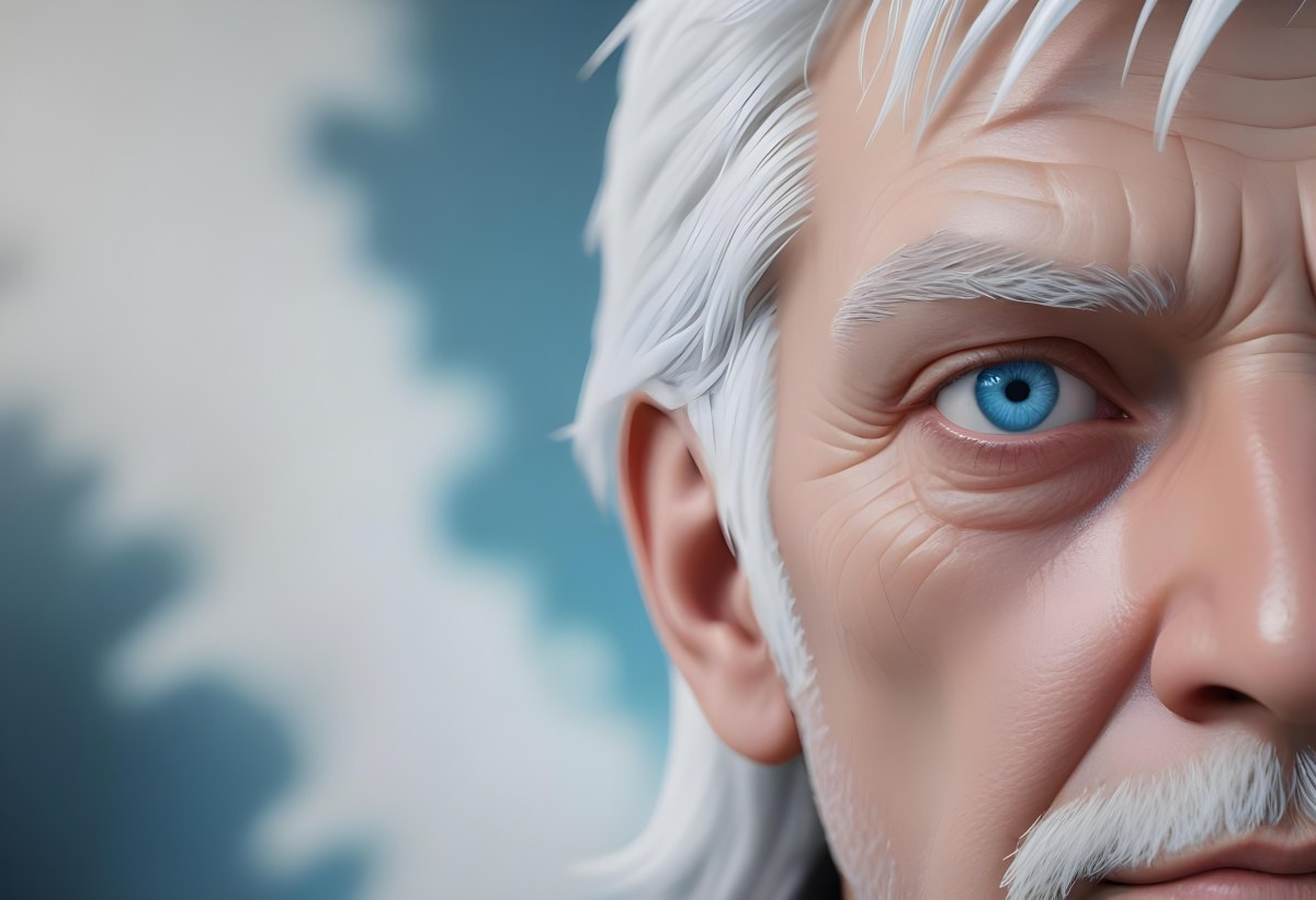 White Man 65 Years Old With Blue Eyes And White Hair Half Face In The Right Side Of The Image Blurred Background 2 0c3b