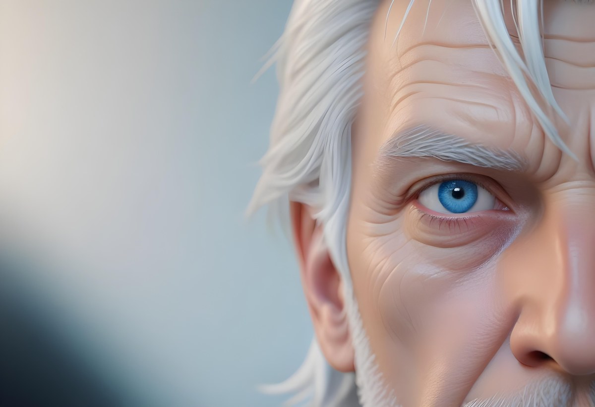 White Man 65 Years Old With Blue Eyes And White Hair Half Face In The Right Side Of The Image Blurred Background 21 15e0