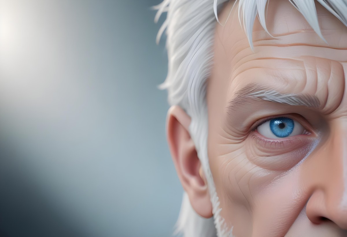 White Man 65 Years Old With Blue Eyes And White Hair Half Face In The Right Side Of The Image Blurred Background 3 142c