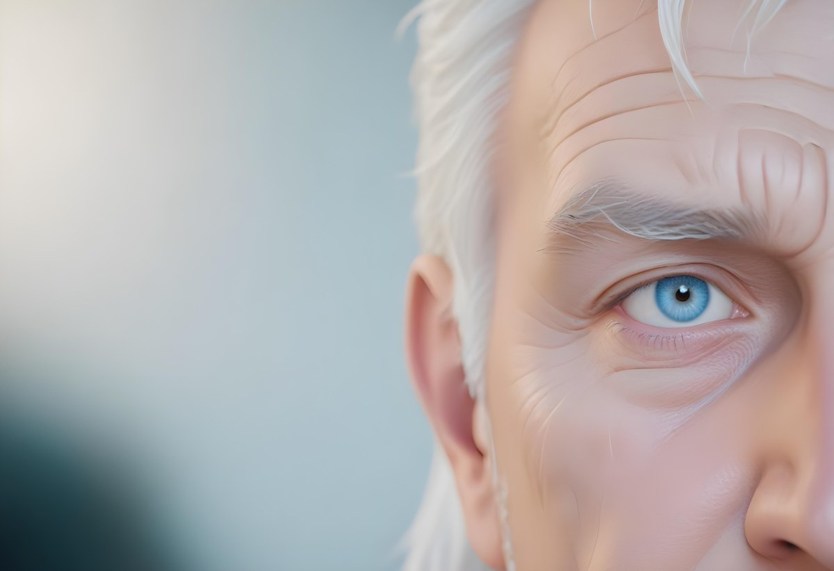 White Man 65 Years Old With Blue Eyes And White Hair Half Face In The Right Side Of The Image Blurred Background 5 2647