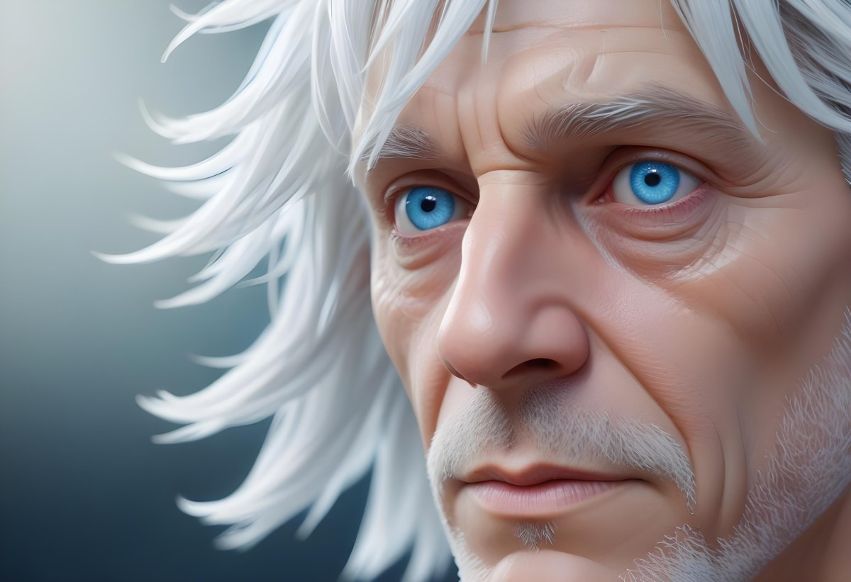 White Man 65 Years Old With Blue Eyes And White Hair Half Face In The Right Side Of The Image Blurred Background 6 Ca9e