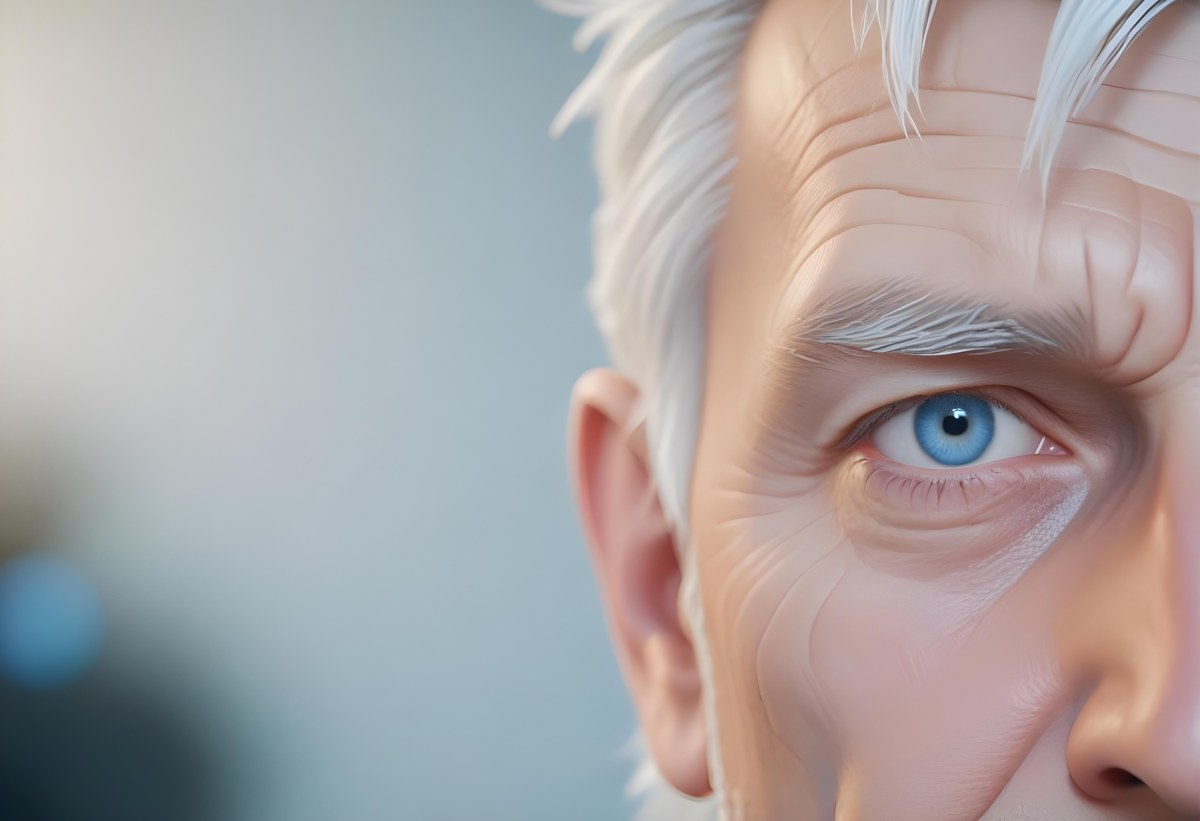 White Man 65 Years Old With Blue Eyes And White Hair Half Face In The Right Side Of The Image Blurred Background 7 8f32