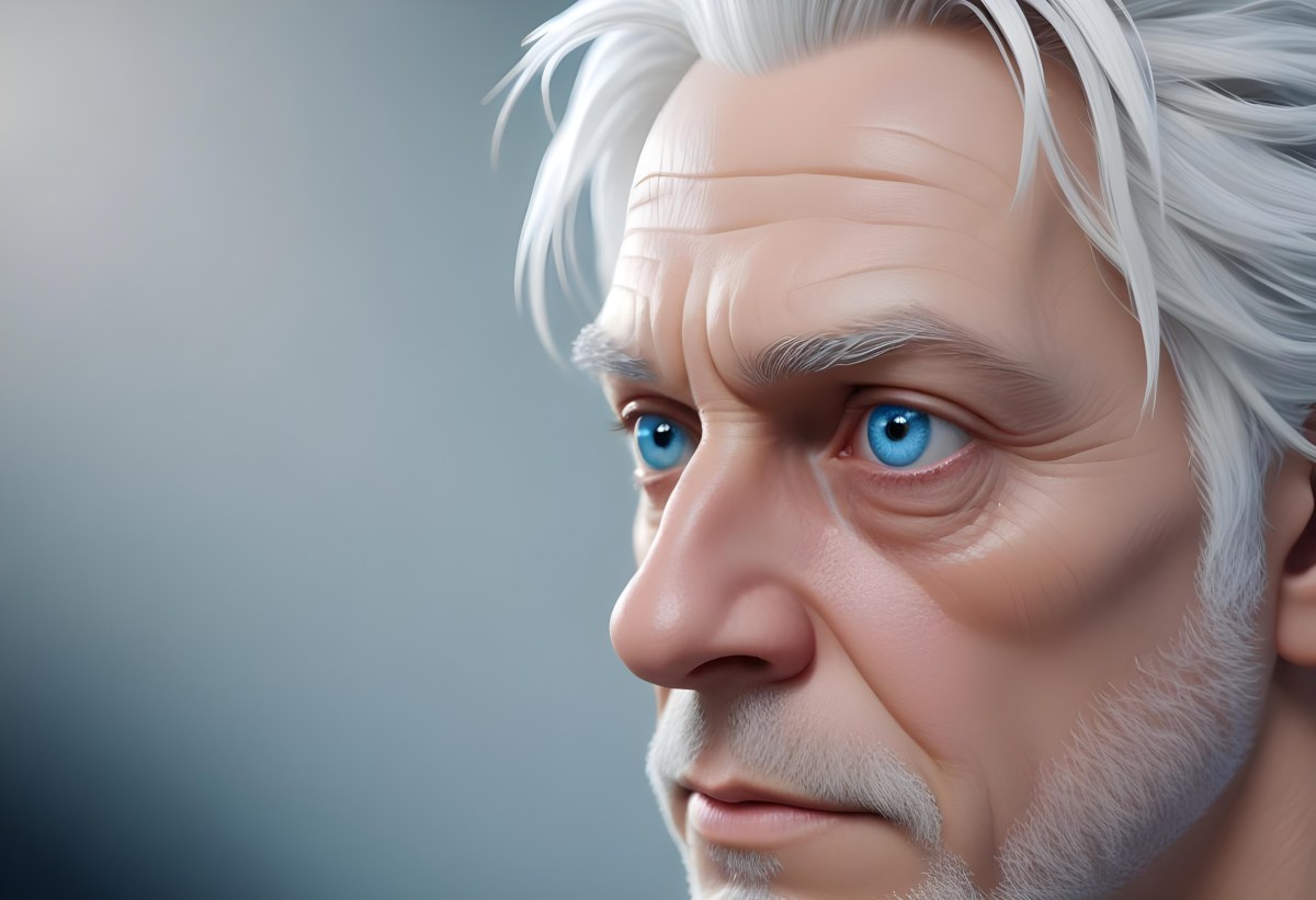 White Man 65 Years Old With Blue Eyes And White Hair Half Face In The Right Side Of The Image Blurred Background 8 A62e