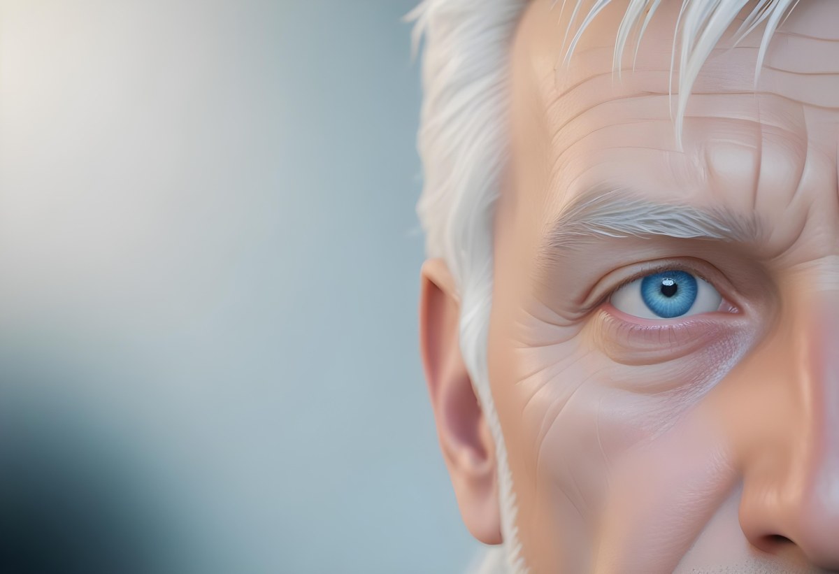 White Man 65 Years Old With Blue Eyes And White Hair Half Face In The Right Side Of The Image Blurred Background 9 04a7