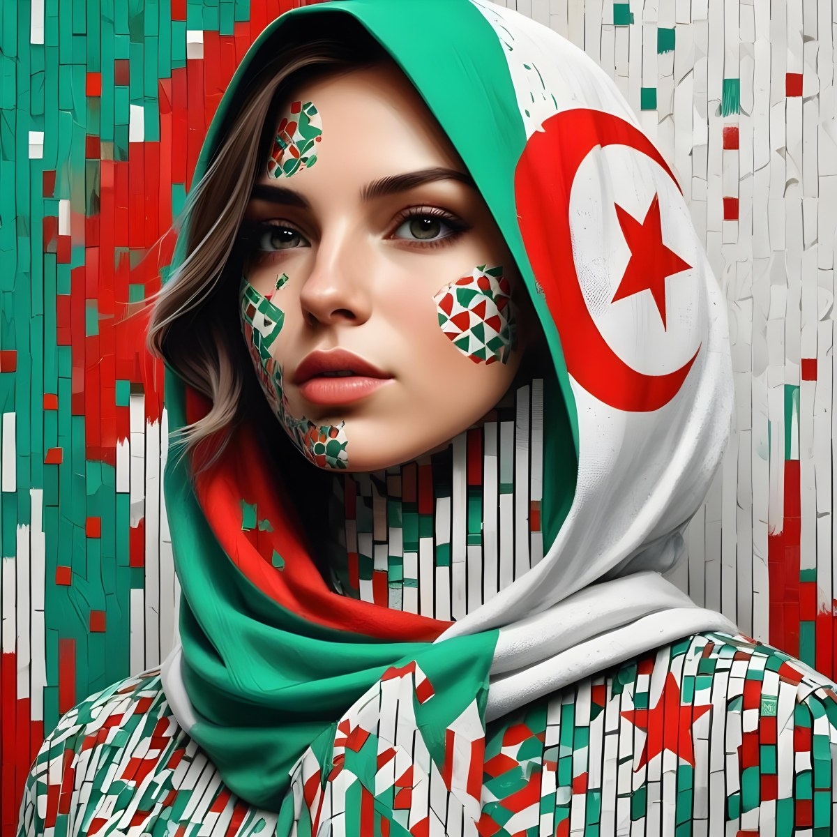 A 25 Year Old White Woman With A Algeria Flag Hijab Mosaic Face Wearing A Red White And Green Patterned Shirt In Front Of A Red White And Green Background 1 5471