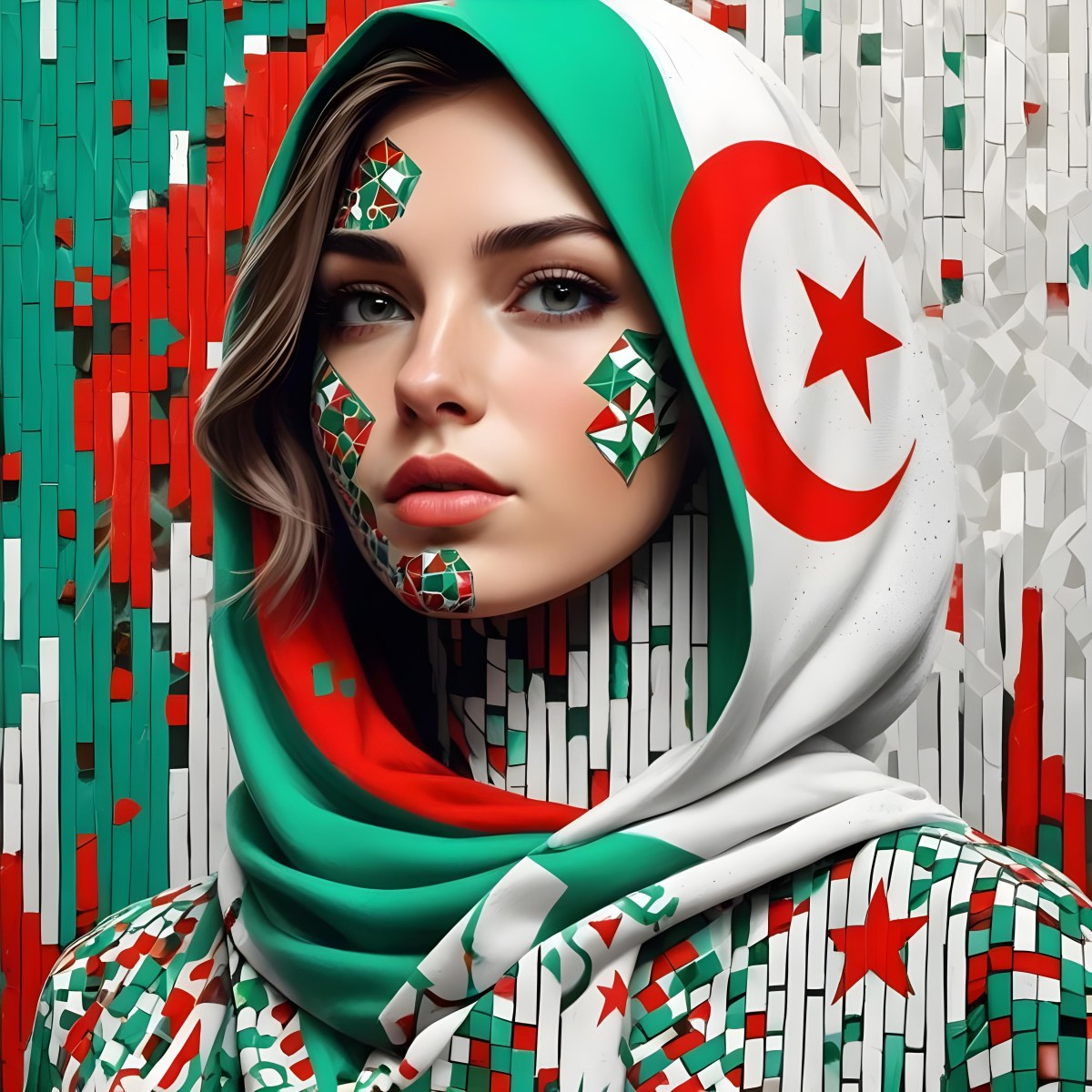 A 25 Year Old White Woman With A Algeria Flag Hijab Mosaic Face Wearing A Red White And Green Patterned Shirt In Front Of A Red White And Green Background 3 8523