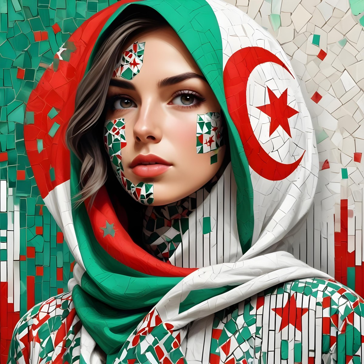 A 25 Year Old White Woman With A Algeria Flag Hijab Mosaic Face Wearing A Red White And Green Patterned Shirt In Front Of A Red White And Green Background 4 A093