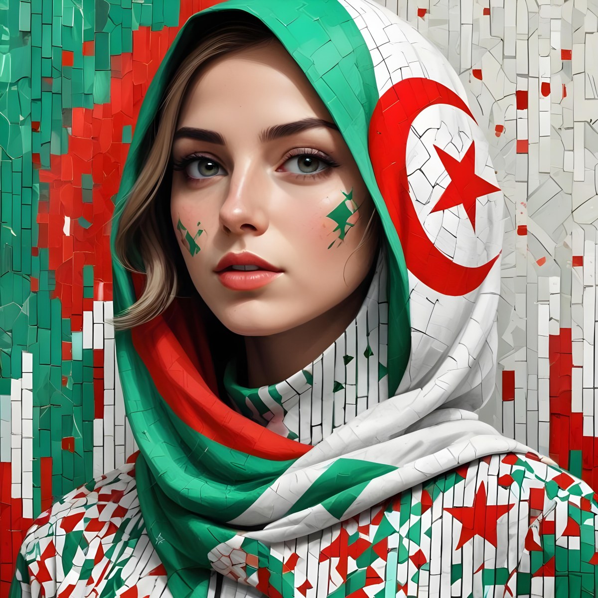 A 25 Year Old White Woman With A Algeria Flag Hijab Mosaic Face Wearing A Red White And Green Patterned Shirt In Front Of A Red White And Green Background 5 B48d