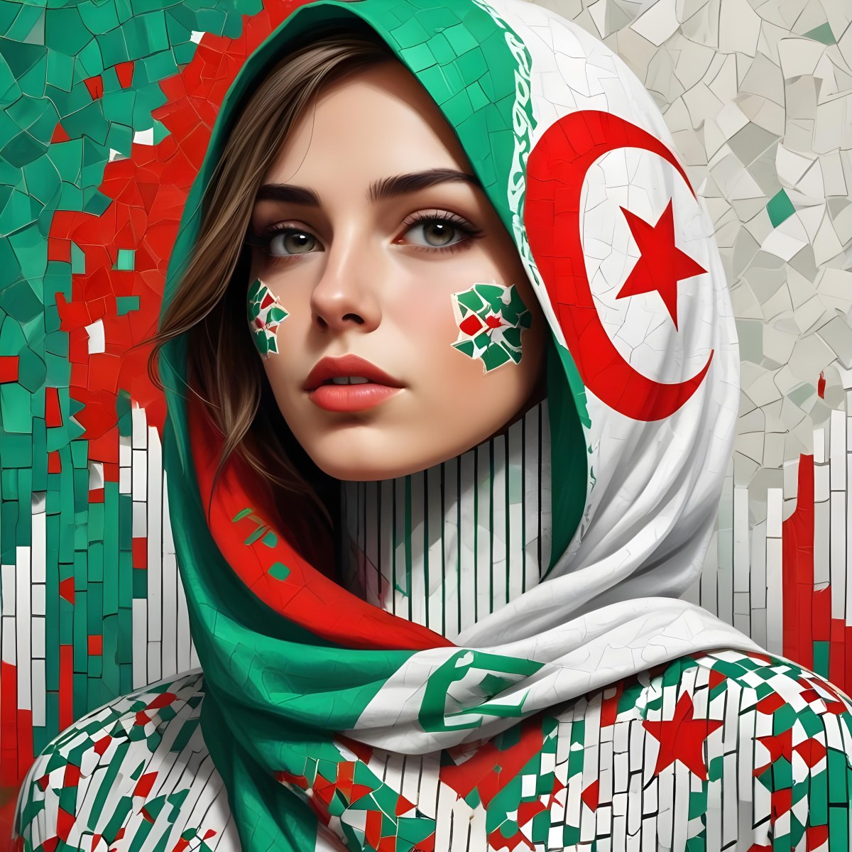 A 25 Year Old White Woman With A Algeria Flag Hijab Mosaic Face Wearing A Red White And Green Patterned Shirt In Front Of A Red White And Green Background 6 71ef