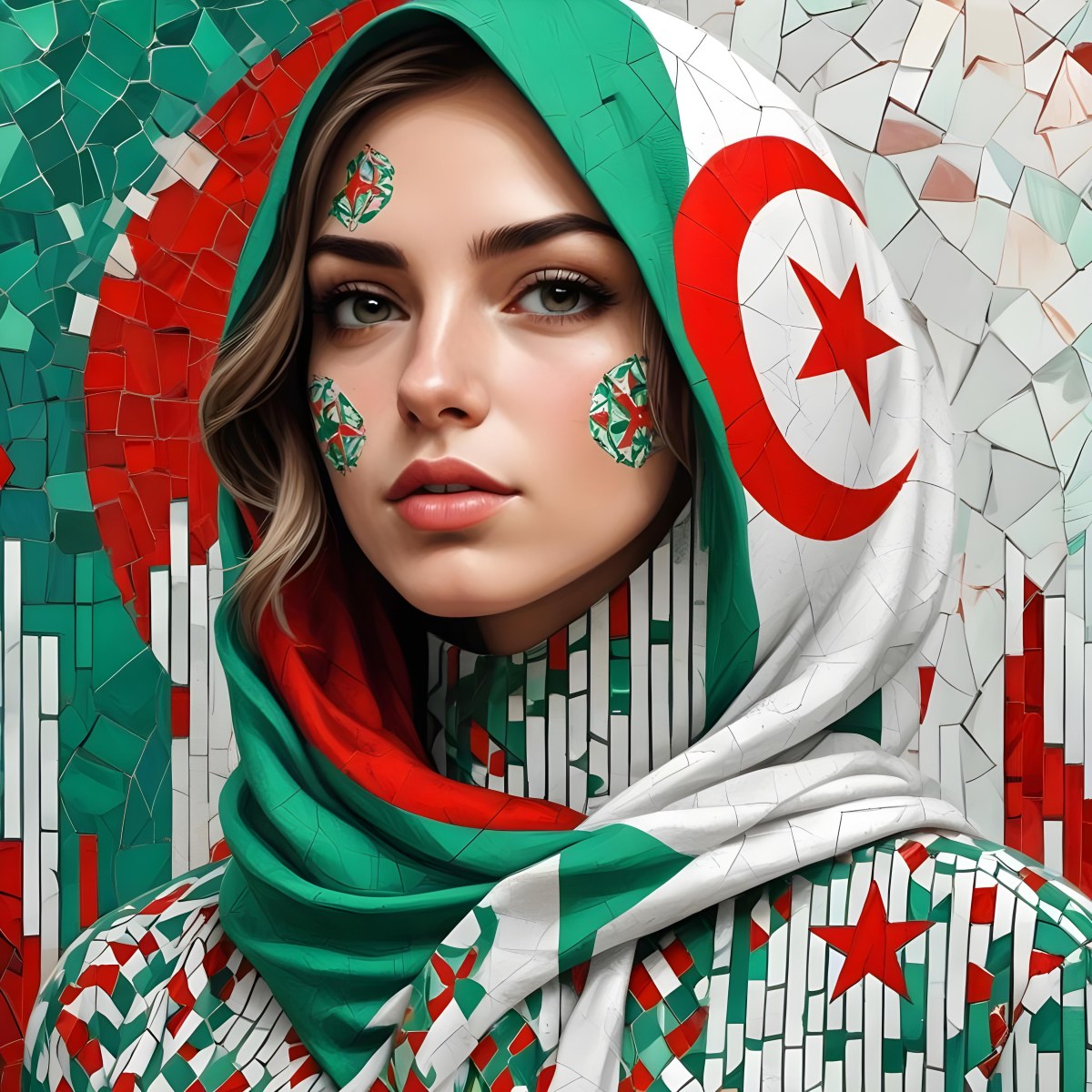 A 25 Year Old White Woman With A Algeria Flag Hijab Mosaic Face Wearing A Red White And Green Patterned Shirt In Front Of A Red White And Green Background 8 2b36