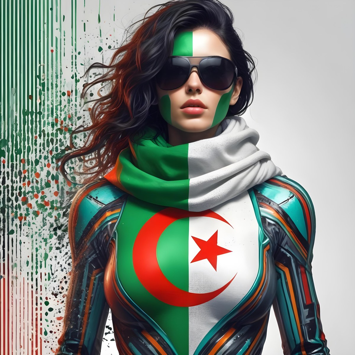 A 25 Year Old White Woman With Black Sunglasses And Wavy Black Hair Algeria Flag Painted On Her Face And Body White Scarf Futuristic Suit White Background 4 Db1c