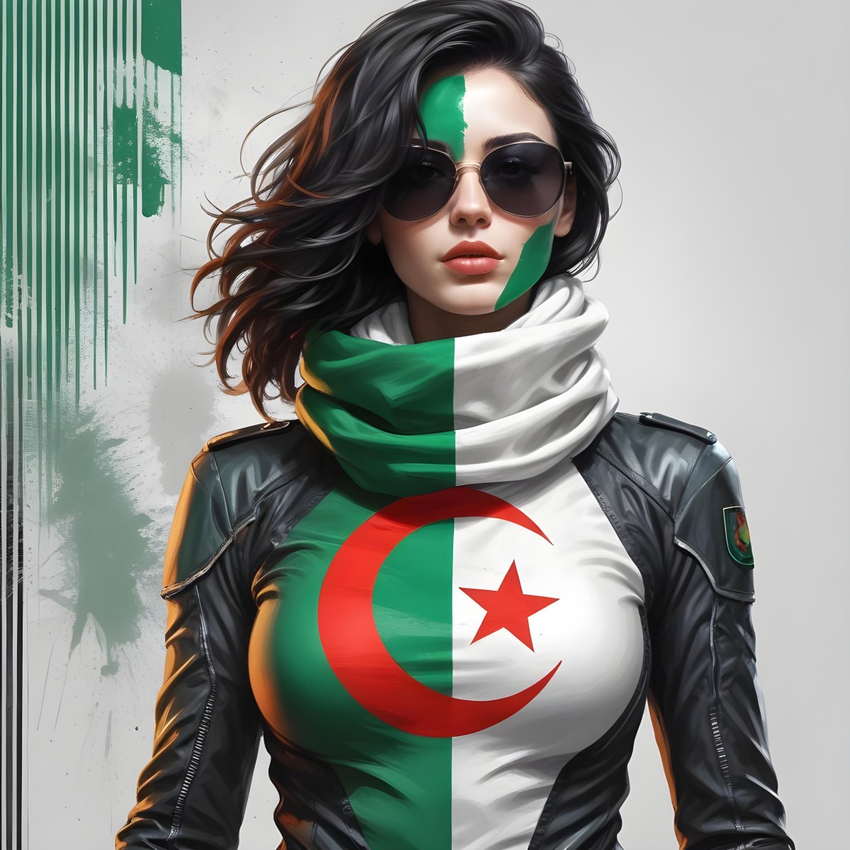 A 25 Year Old White Woman With Black Sunglasses And Wavy Black Hair Algeria Flag Painted On Her Face And Body White Scarf Futuristic Suit White Background 5 D49c
