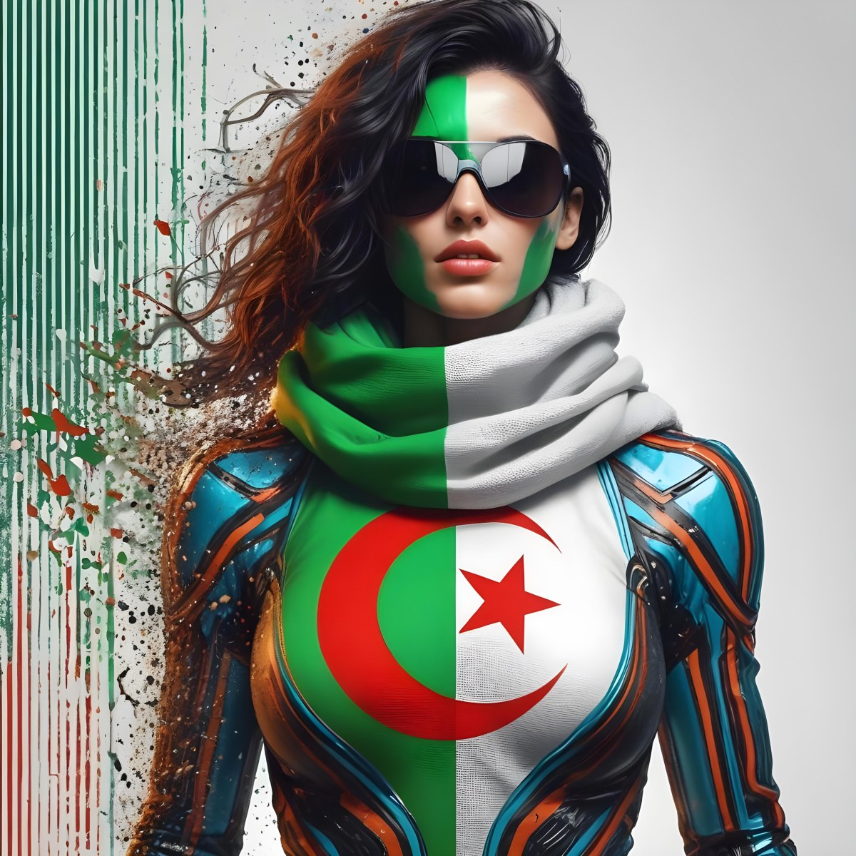A 25 Year Old White Woman With Black Sunglasses And Wavy Black Hair Algeria Flag Painted On Her Face And Body White Scarf Futuristic Suit White Background 6 15b9