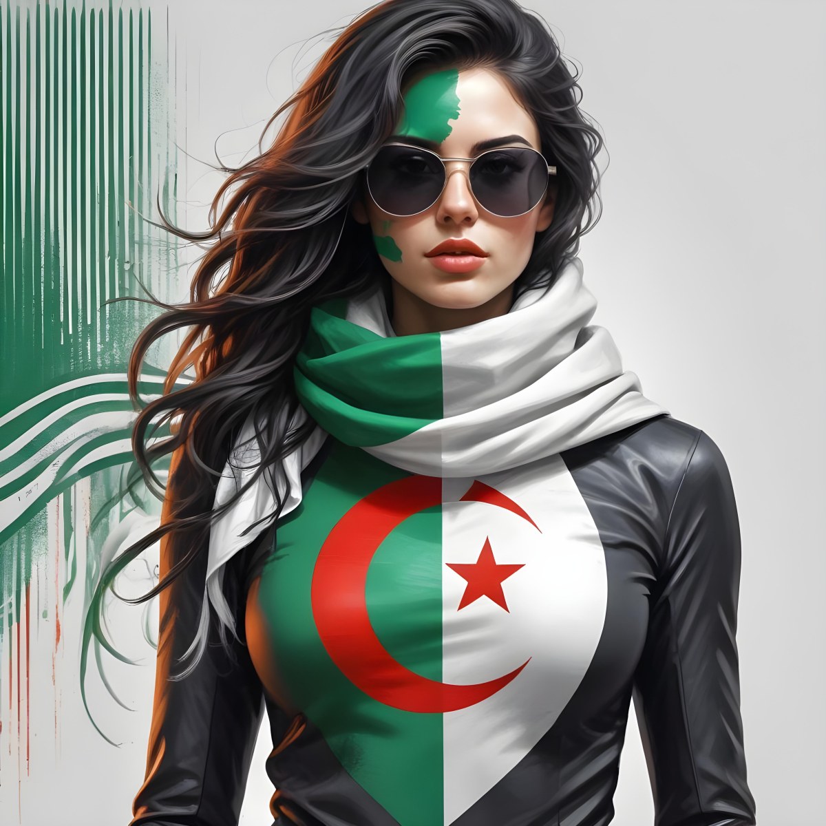 A 25 Year Old White Woman With Black Sunglasses And Wavy Black Hair Algeria Flag Painted On Her Face And Body White Scarf Futuristic Suit White Background 7 2bad