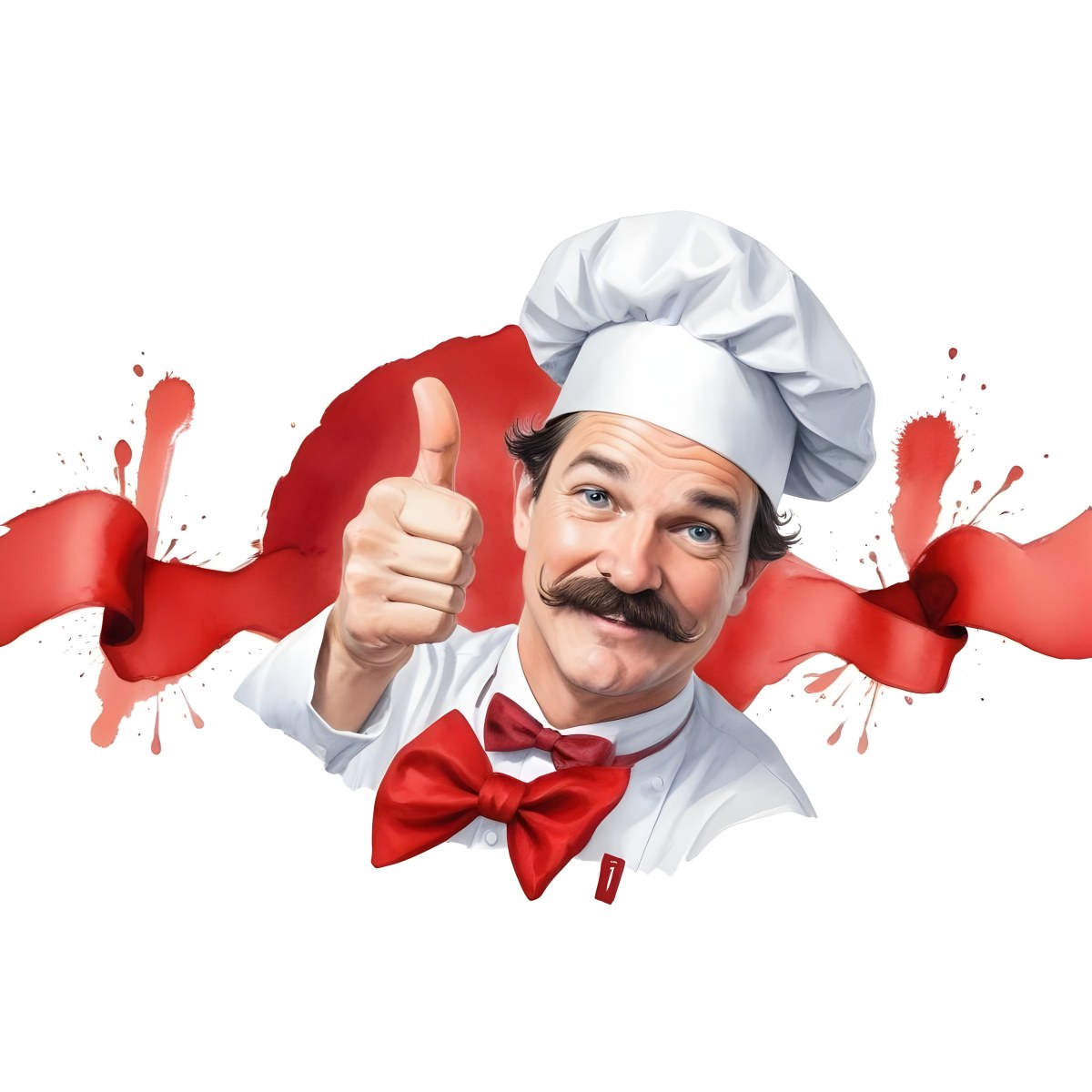 A 40 Year Old White Man With A Chef Hat And Mustache Doing A Thumbs Up With A Red Bowtie In A White Background 8 C36f