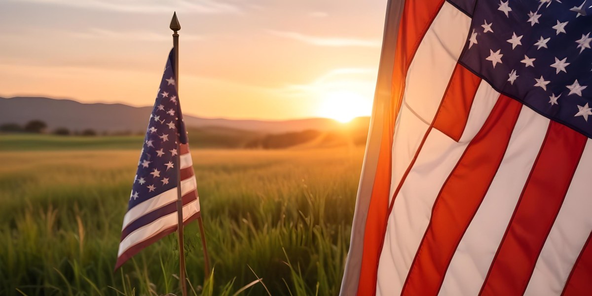 A Close Up View Of An American Flag Against A Scenic Sunset Landscape With A Grassy Field And A Bright Orange Sky 4 17fd