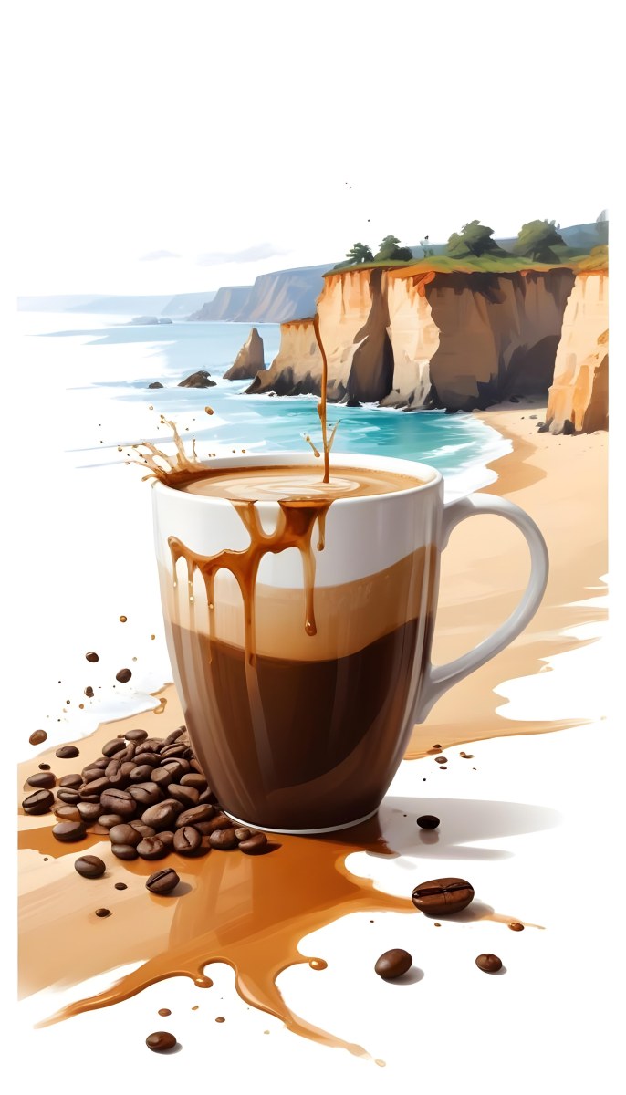 A Cup Of Coffee With Coffee Beans Spilled On A White Surface A Beach With Cliffs In The Background The Coffee Is Splashing Out Of The Cup 1 2324