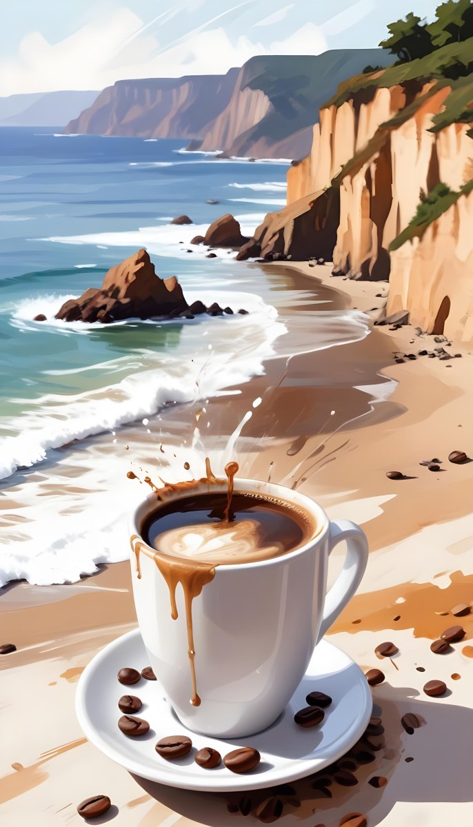A Cup Of Coffee With Coffee Beans Spilled On A White Surface A Beach With Cliffs In The Background The Coffee Is Splashing Out Of The Cup 13 28dd