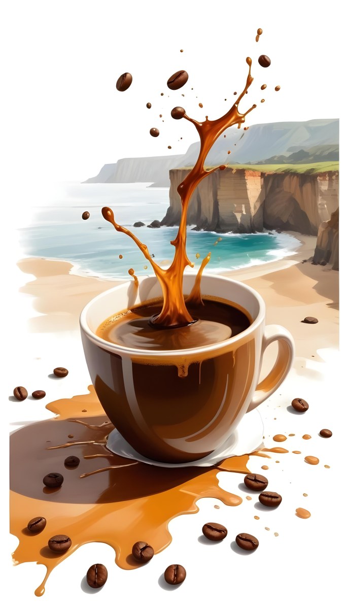 A Cup Of Coffee With Coffee Beans Spilled On A White Surface A Beach With Cliffs In The Background The Coffee Is Splashing Out Of The Cup 15 2b7d