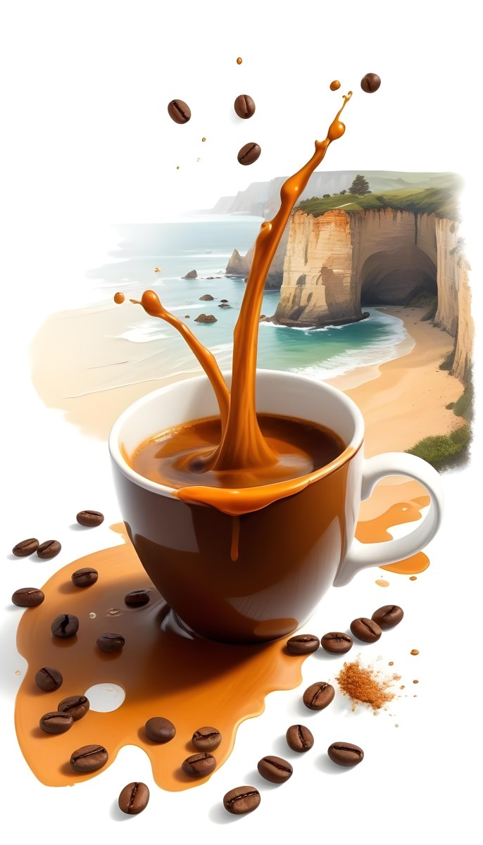 A Cup Of Coffee With Coffee Beans Spilled On A White Surface A Beach With Cliffs In The Background The Coffee Is Splashing Out Of The Cup 18 0111