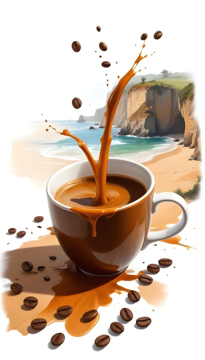 A Cup Of Coffee With Coffee Beans Spilled On A White Surface A Beach With Cliffs In The Background The Coffee Is Splashing Out Of The Cup 19 74fb