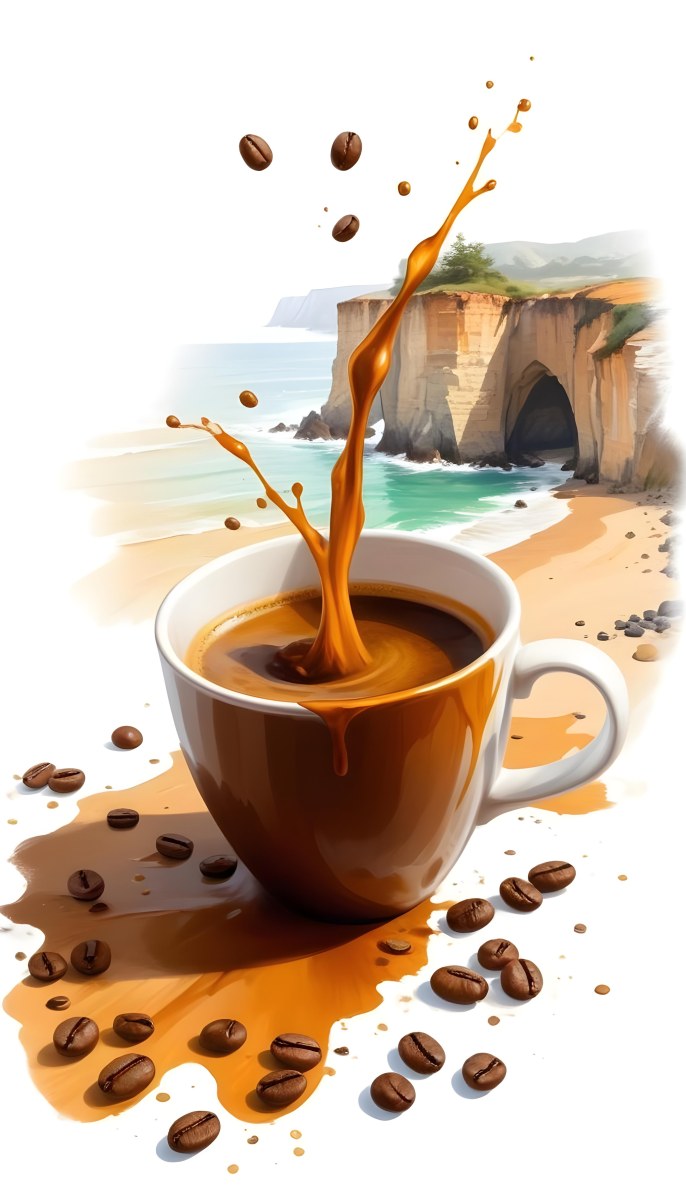 A Cup Of Coffee With Coffee Beans Spilled On A White Surface A Beach With Cliffs In The Background The Coffee Is Splashing Out Of The Cup 26 C5a7