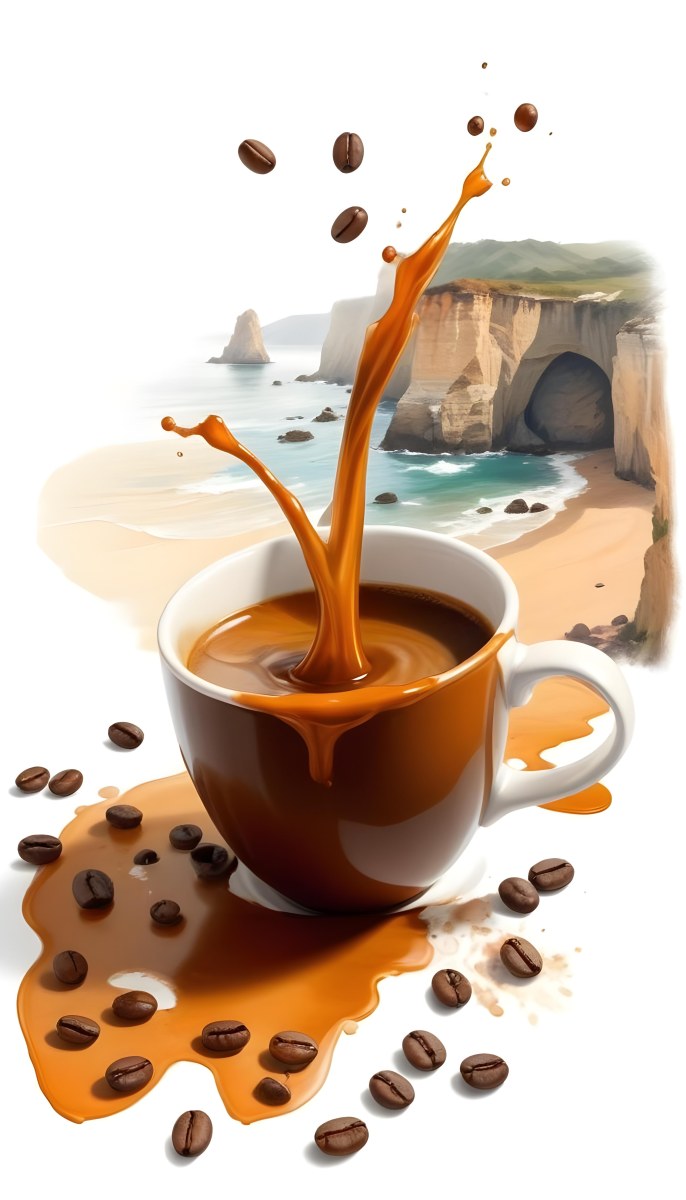 A Cup Of Coffee With Coffee Beans Spilled On A White Surface A Beach With Cliffs In The Background The Coffee Is Splashing Out Of The Cup 27 3a2e