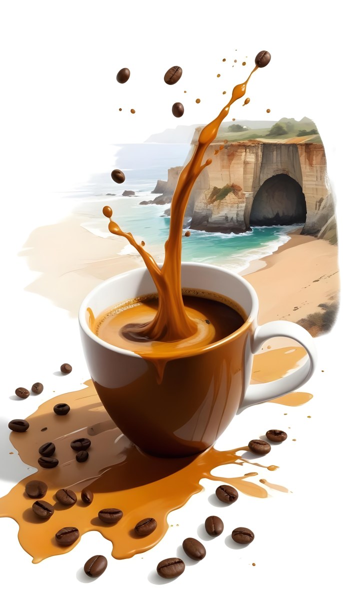 A Cup Of Coffee With Coffee Beans Spilled On A White Surface A Beach With Cliffs In The Background The Coffee Is Splashing Out Of The Cup 28 D000