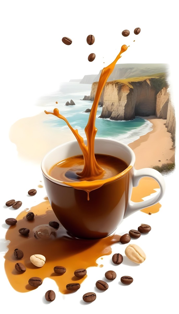 A Cup Of Coffee With Coffee Beans Spilled On A White Surface A Beach With Cliffs In The Background The Coffee Is Splashing Out Of The Cup 29 14e6