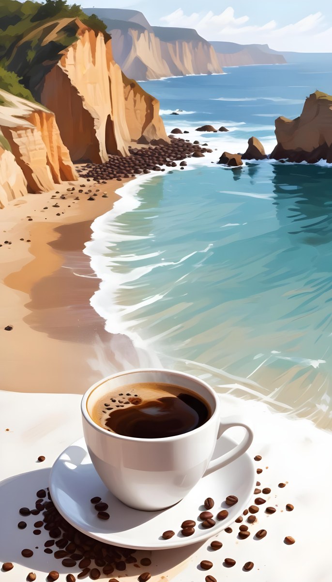 A Cup Of Coffee With Coffee Beans Spilled On A White Surface A Beach With Cliffs In The Background The Coffee Is Splashing Out Of The Cup 3 93ba