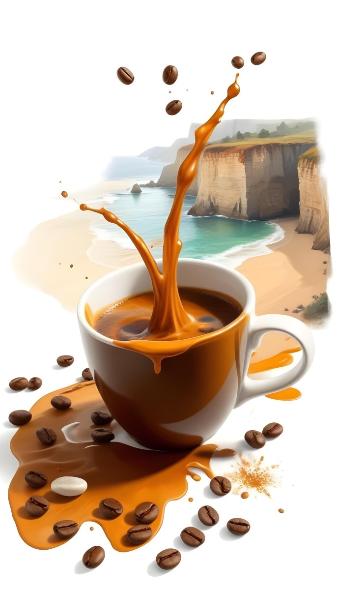 A Cup Of Coffee With Coffee Beans Spilled On A White Surface A Beach With Cliffs In The Background The Coffee Is Splashing Out Of The Cup 30 A397
