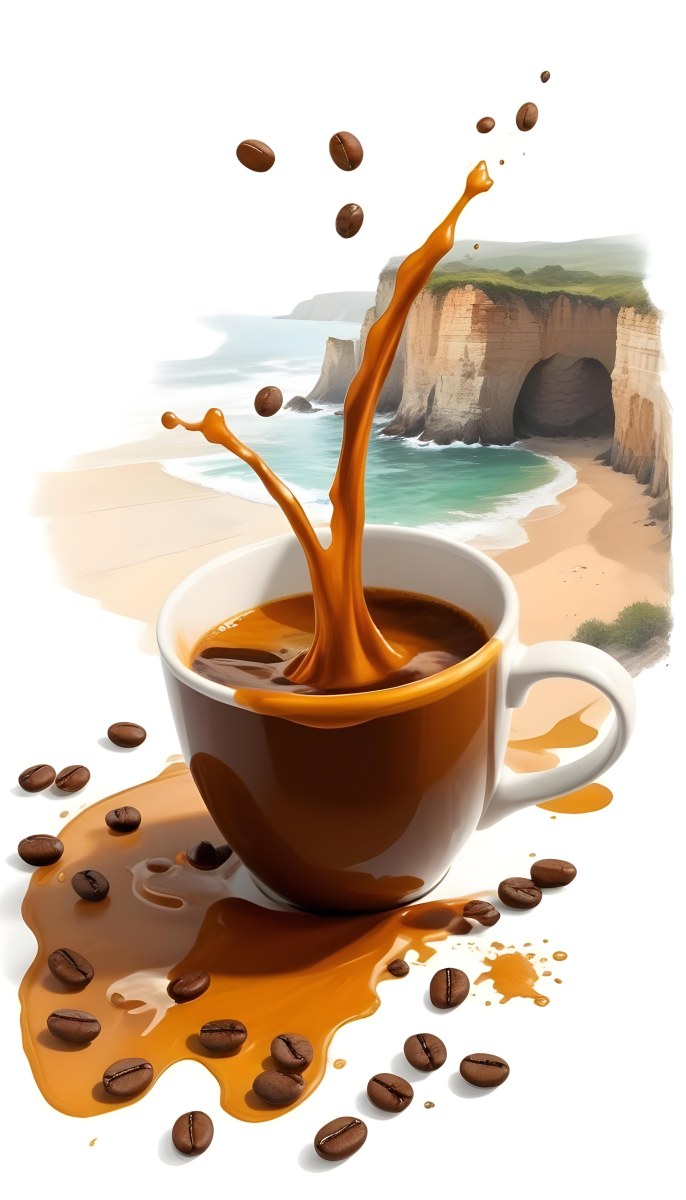 A Cup Of Coffee With Coffee Beans Spilled On A White Surface A Beach With Cliffs In The Background The Coffee Is Splashing Out Of The Cup 31 2de5