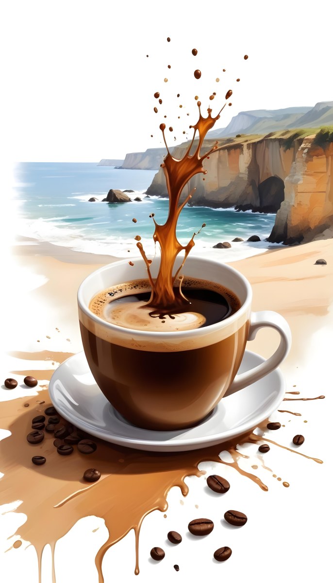 A Cup Of Coffee With Coffee Beans Spilled On A White Surface A Beach With Cliffs In The Background The Coffee Is Splashing Out Of The Cup 4 4edf