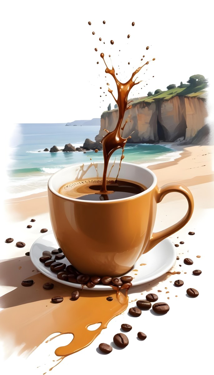 A Cup Of Coffee With Coffee Beans Spilled On A White Surface A Beach With Cliffs In The Background The Coffee Is Splashing Out Of The Cup 5 Eea6