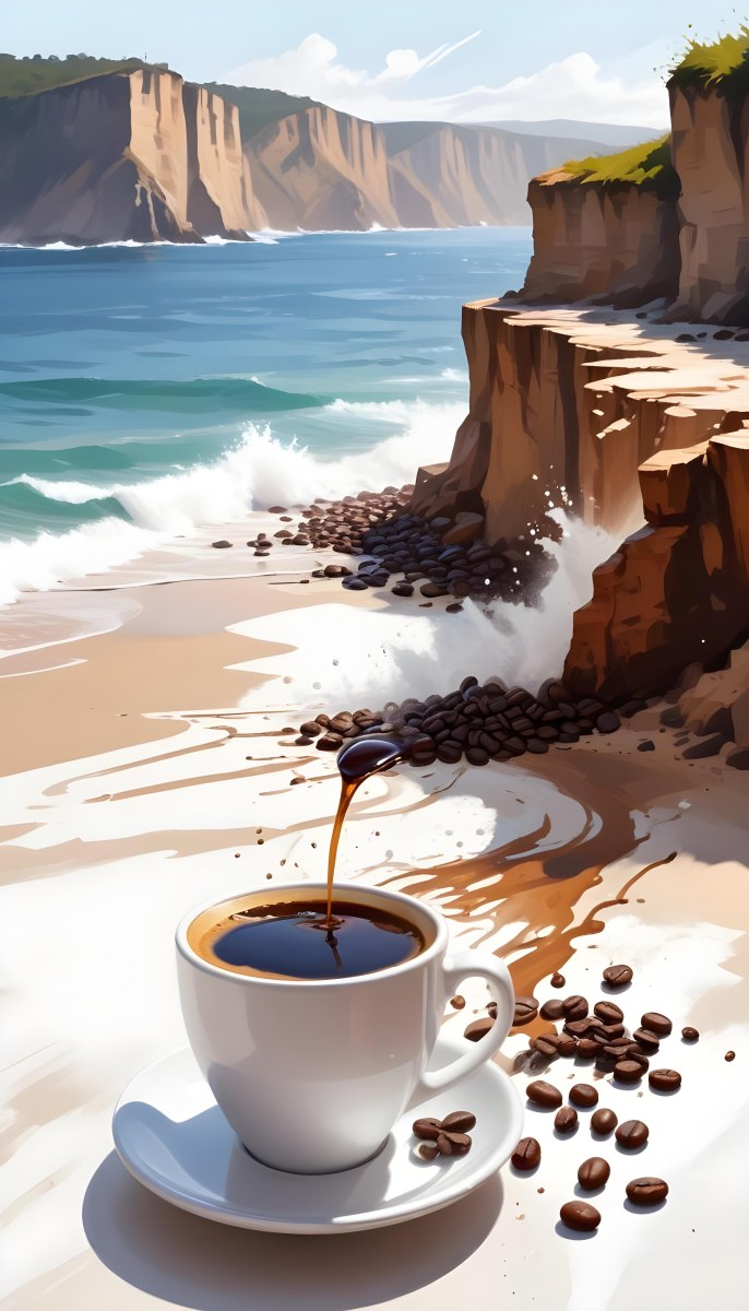 A Cup Of Coffee With Coffee Beans Spilled On A White Surface A Beach With Cliffs In The Background The Coffee Is Splashing Out Of The Cup 6 A1a5