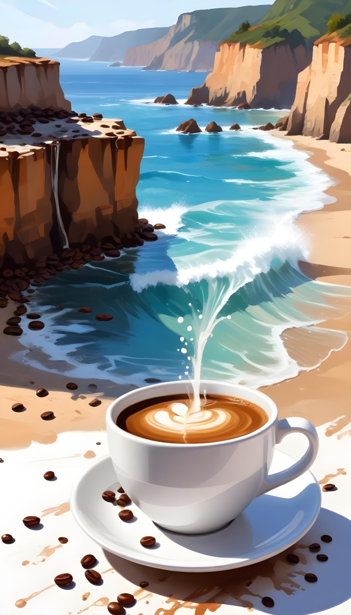A Cup Of Coffee With Coffee Beans Spilled On A White Surface A Beach With Cliffs In The Background The Coffee Is Splashing Out Of The Cup 7 1c68